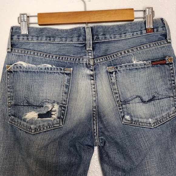 7 For All Mankind Y2k Blue Denim Distressed Flare Wide Leg Jeans Sz 27 - Picture 8 of 16